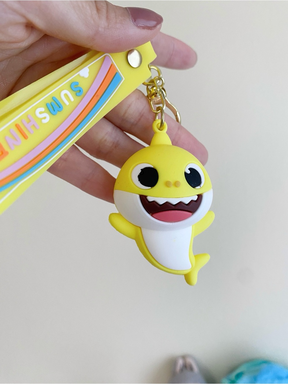 Yellow Baby Shark Keychain with Rainbow Strap